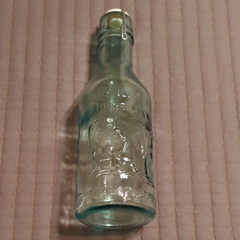 Vintage Absolutely Pure Milk The Milk Protector Glass Bottle with Swing Top Lid